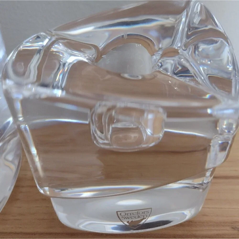 Set Of Orrefors Sweden Crystal Clear Glass Taper Candle Holders Geometric Cubes